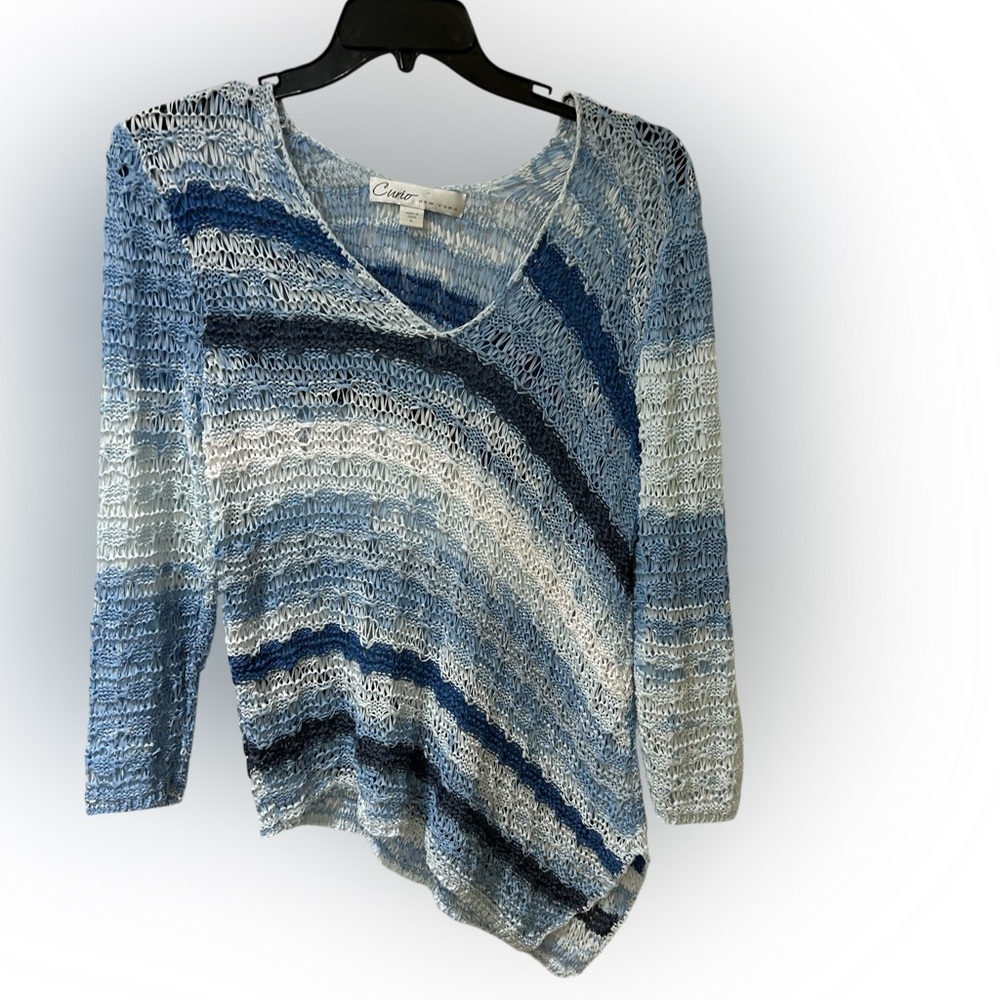 Curio New York Loose Knit V-Neck Sweater in Blue and White size Large